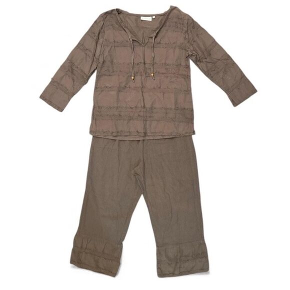 Lulu B 2 Piece Set Womens Small Brown Embroidered Frayed Top Pants Boho Cotton - Picture 2 of 14